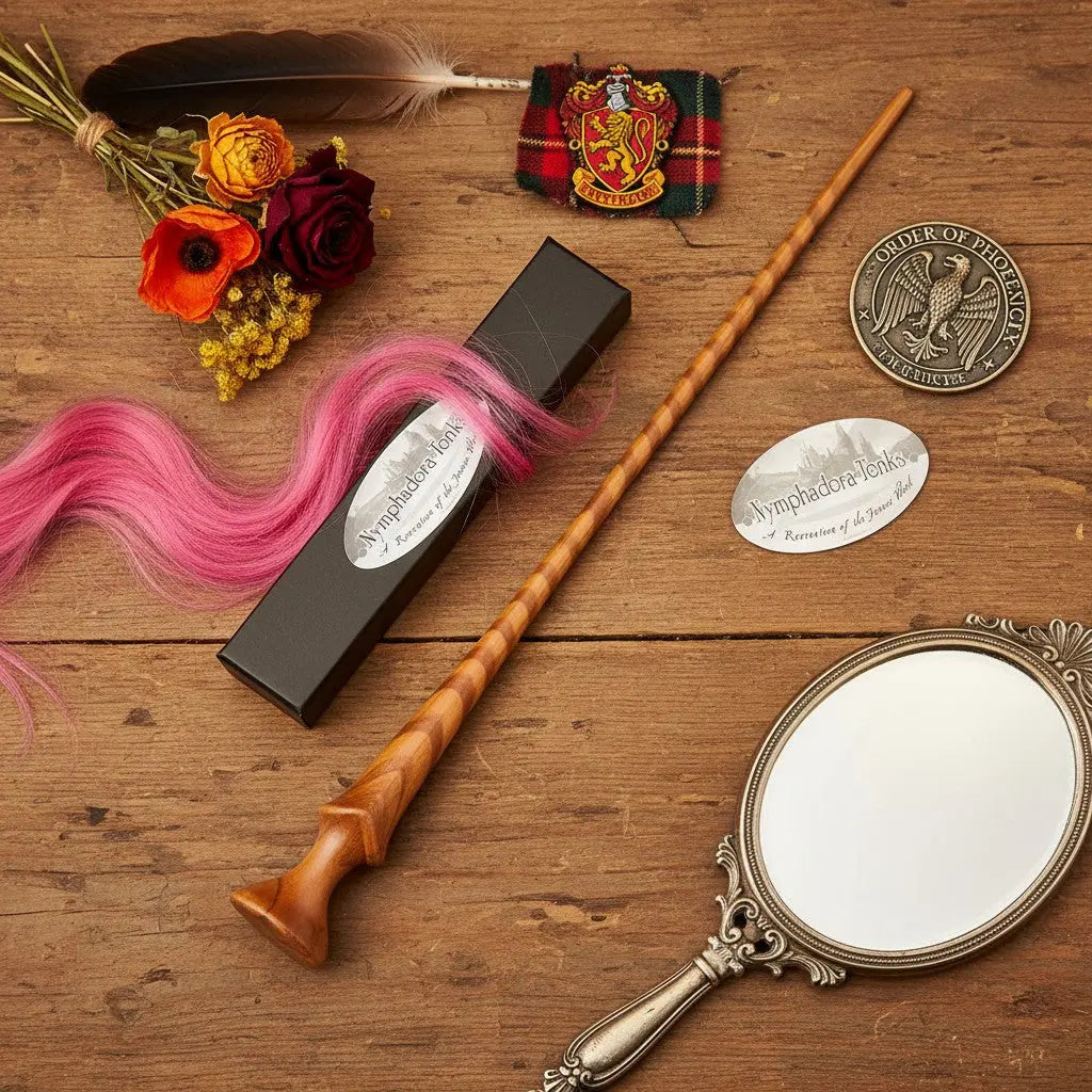 La boutique Aux 2 Balais : Baguette Nymphadora Tonks en résine, 38 cm, bois clair tigré, manche as de pique, réplique officielle Warner Bros.