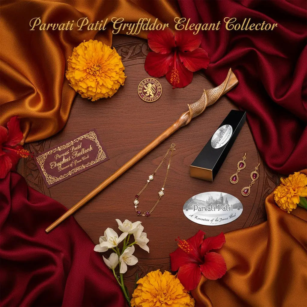 La baguette Parvati Patil de La boutique Aux 2 Balais, réplique en résine imitation bois clair avec manche sculpté aile de dragon, sous licence Warner Bros.