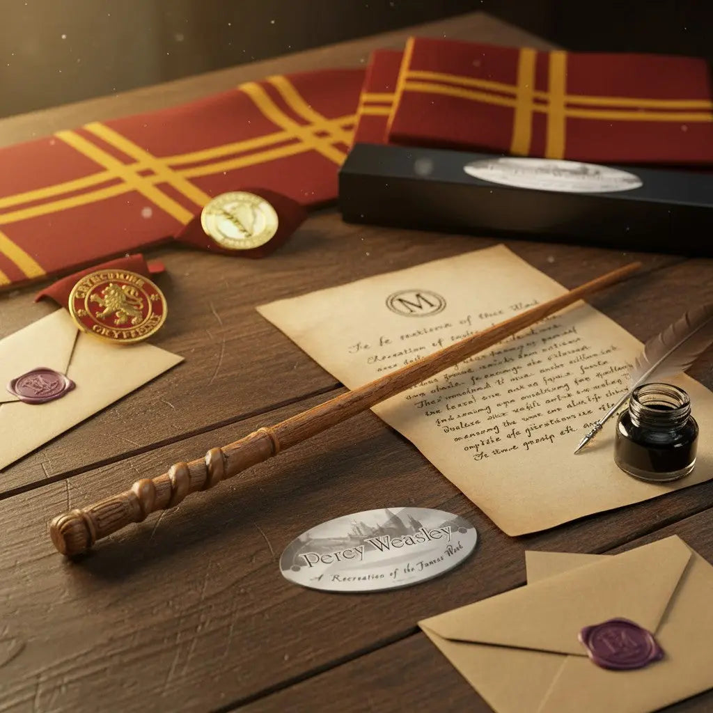 Baguette magique de Percy Weasley en résine imitation bois clair, manche spiralé, avec boîte et plaque nominative. La boutique Aux 2 Balais.