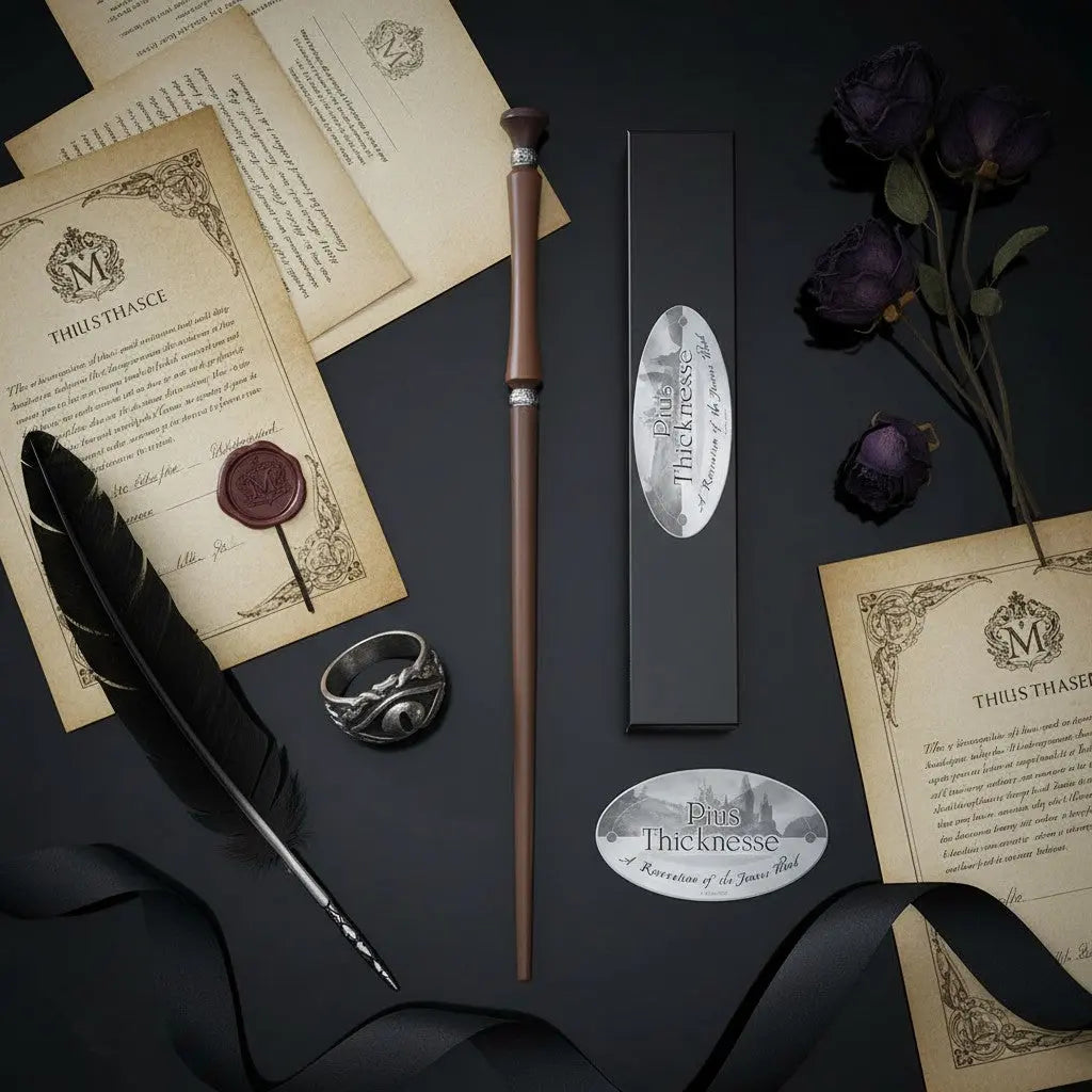 La boutique Aux 2 Balais : Baguette Pius Thicknesse en résine marron avec détails argentés, 37 cm, réplique sous licence Warner Bros.