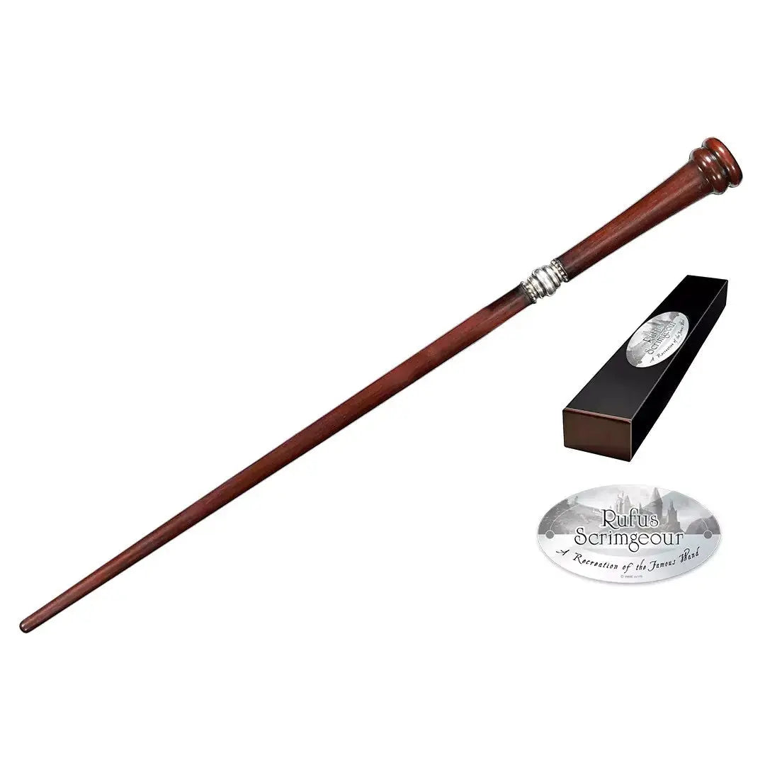 La baguette Rufus Scrimgeour de La boutique Aux 2 Balais, réplique en résine de 38,5 cm, bois brun foncé poli avec anneaux métalliques.