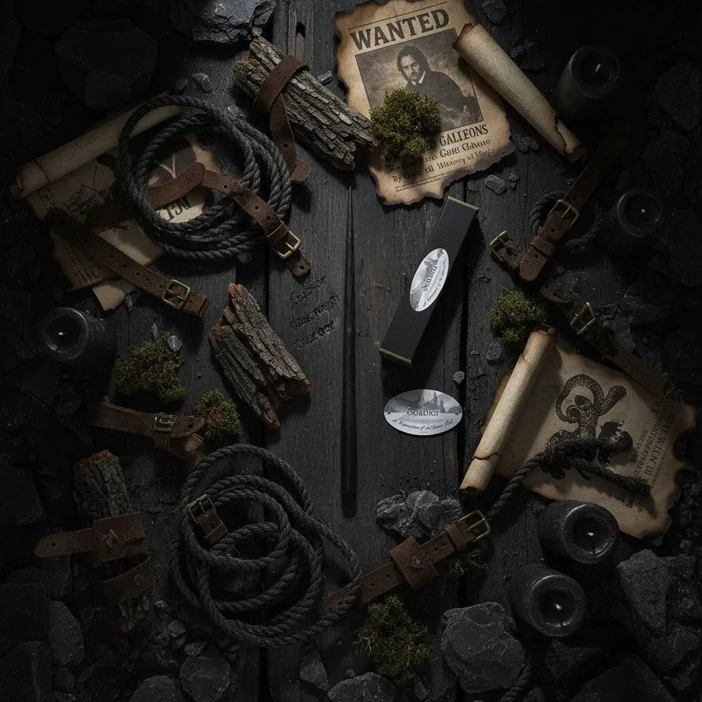 La baguette Scabior noire en résine, réplique officielle Warner Bros. des Reliques de la Mort, avec boîte de collection.