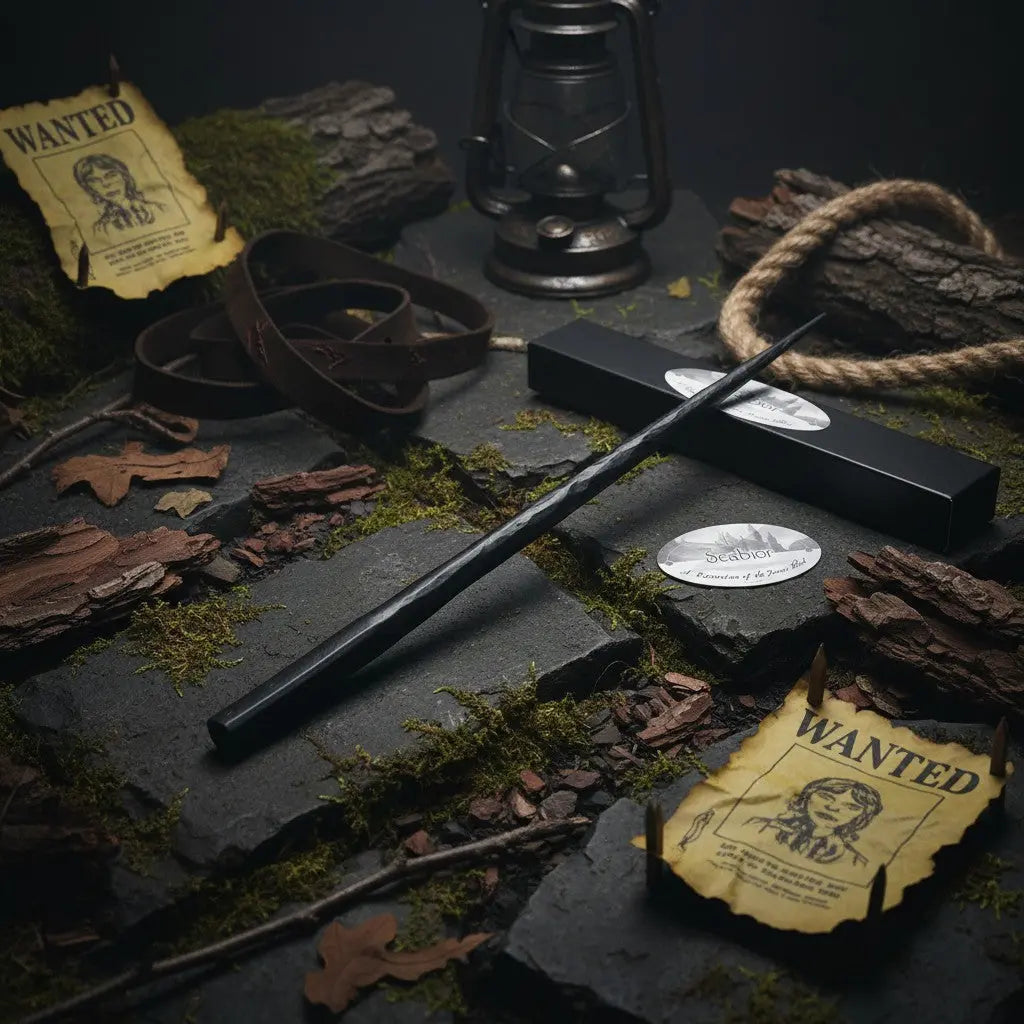La baguette Scabior noire en résine, réplique officielle Warner Bros. des Reliques de la Mort, avec boîte de collection.