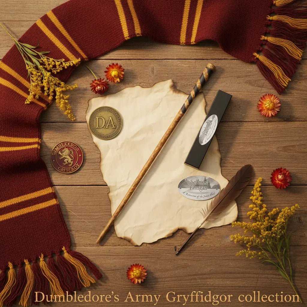 La boutique Aux 2 Balais : baguette Seamus Finnigan en résine, bois clair avec bandes sombres, réplique Harry Potter.