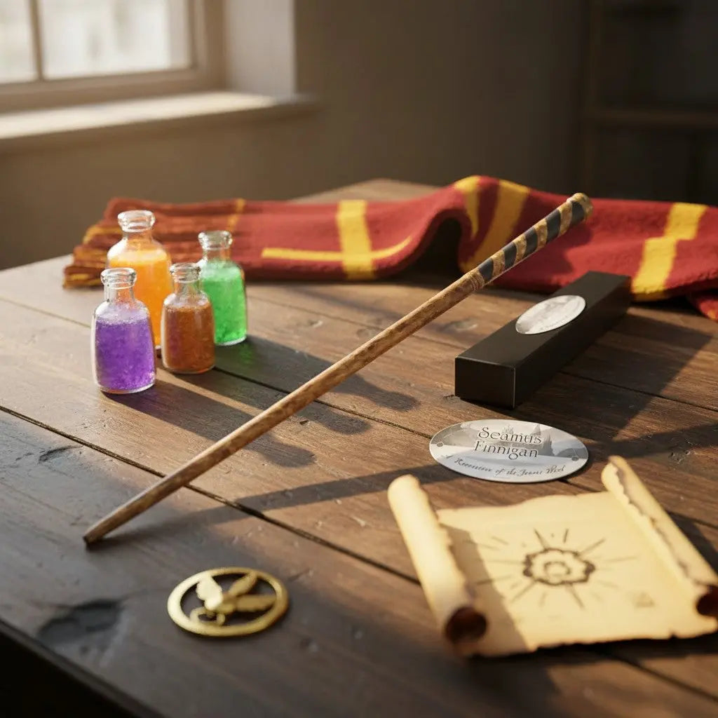 La boutique Aux 2 Balais : baguette Seamus Finnigan en résine, bois clair avec bandes sombres, réplique Harry Potter.