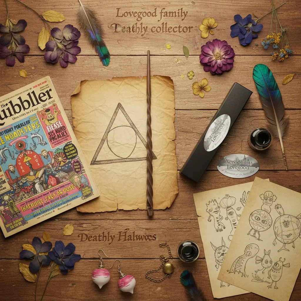 La boutique Aux 2 Balais : Baguette Xenophilius Lovegood en résine marron tressée, réplique fidèle des films Harry Potter.