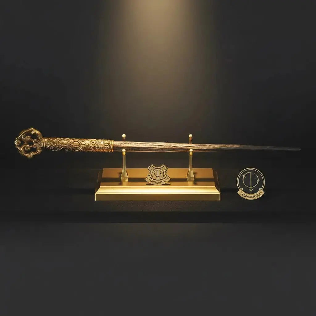 Baguette de collection La boutique Aux 2 Balais Alohomora en résine avec poignée dorée, socle et pin's assorti