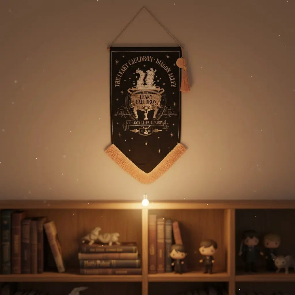 Bannière décorative noire Le Chaudron Baveur La boutique Aux 2 Balais avec motifs dorés et pompons sur étagère