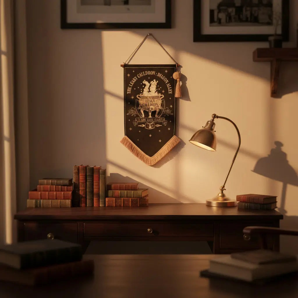 Bannière décorative Le Chaudron Baveur La boutique Aux 2 Balais, style vintage Harry Potter sur un mur en bois.