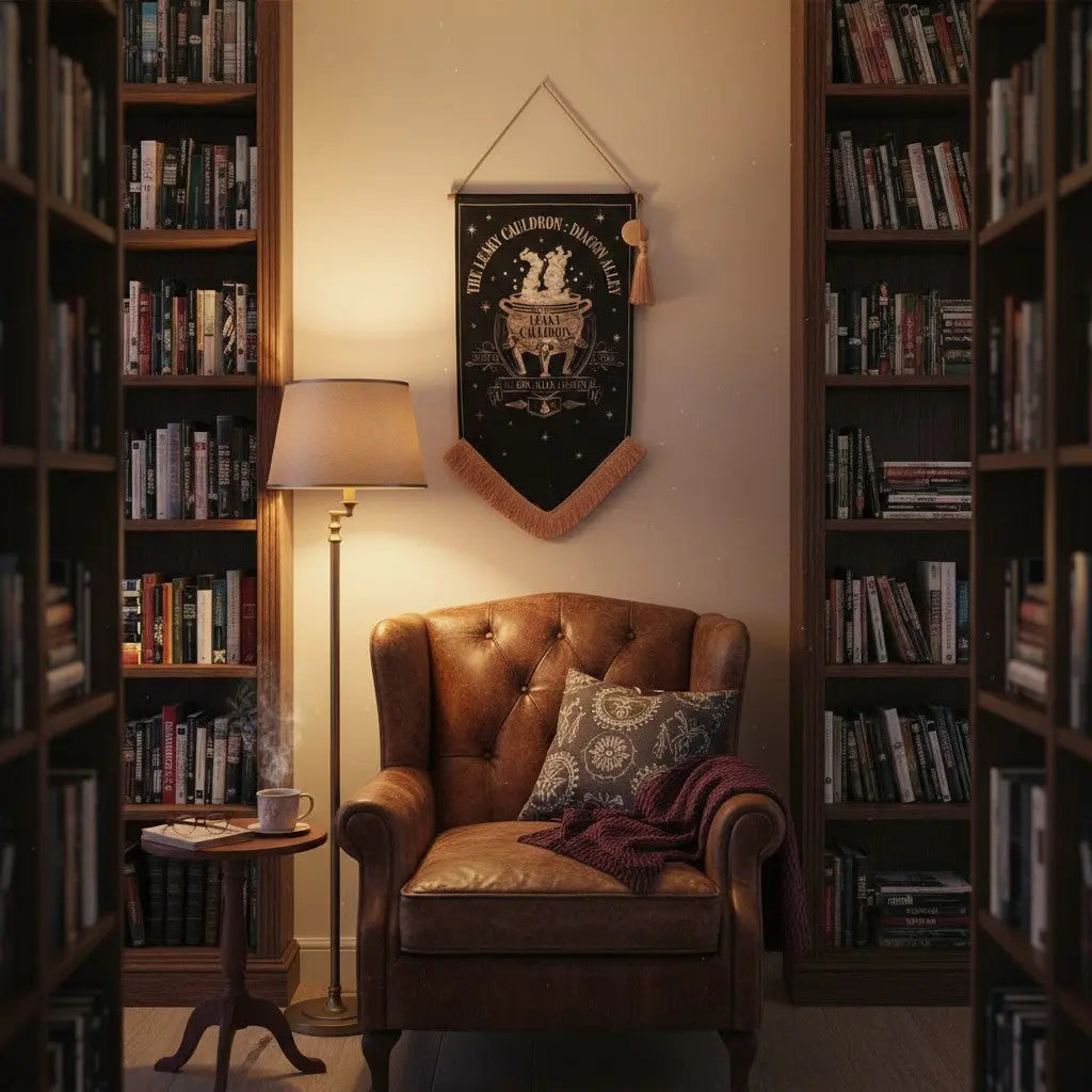 Bannière décorative Le Chaudron Baveur Harry Potter par La boutique Aux 2 Balais dans un salon cosy avec bibliothèque
