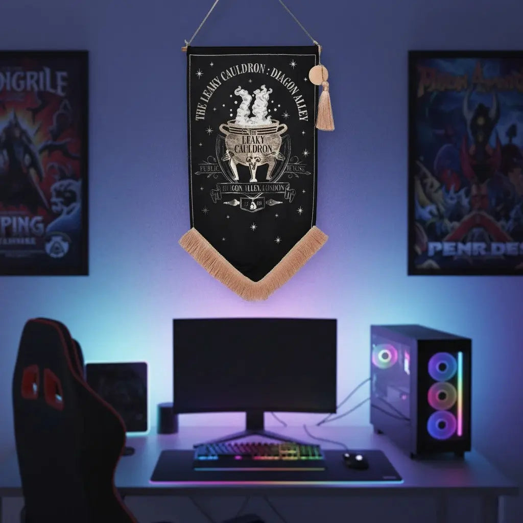 Bannière décorative La boutique Aux 2 Balais du Chaudron Baveur Harry Potter noire avec pompons suspendue au-dessus d'un bureau