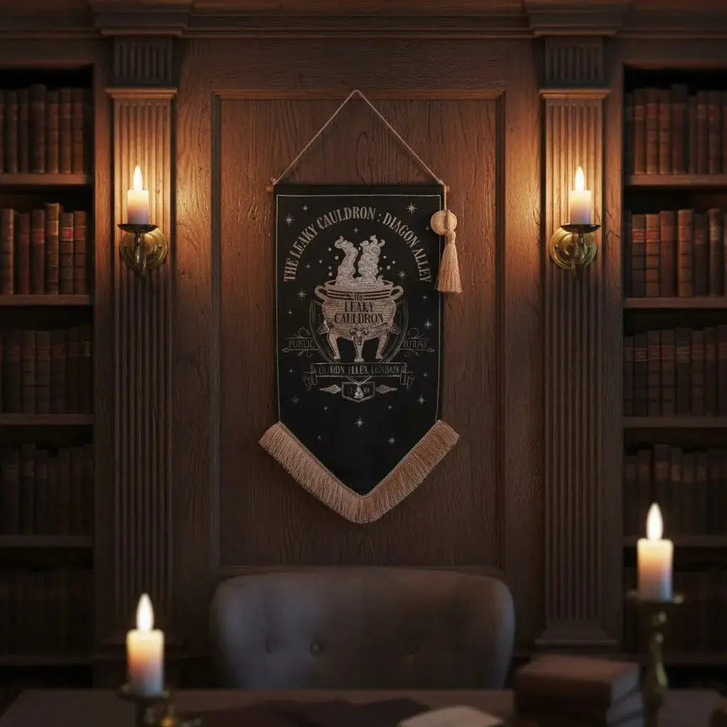 Bannière décorative noire La boutique Aux 2 Balais représentant le Chaudron Baveur, style vintage Harry Potter.