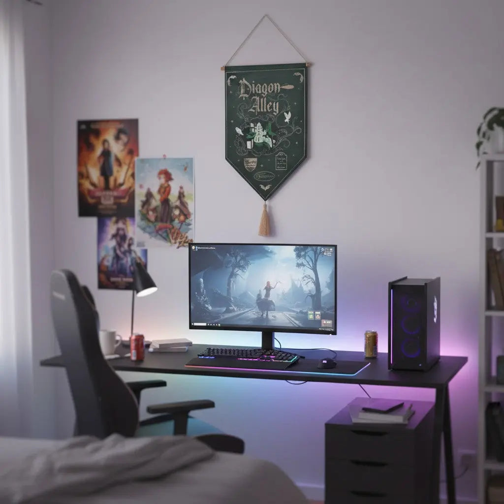 Bannière murale Chemin de Traverse La boutique Aux 2 Balais suspendue au-dessus d'un bureau de gamer avec PC
