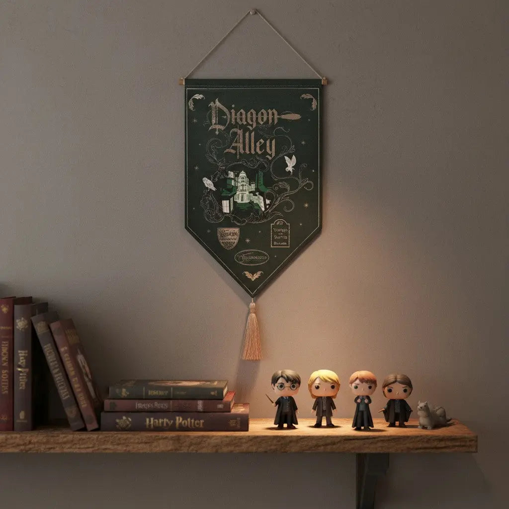 Bannière décorative Chemin de Traverse La boutique Aux 2 Balais, vert foncé avec détails dorés et pompon beige