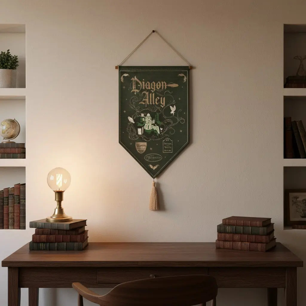 Bannière Chemin de Traverse La boutique Aux 2 Balais en tissu vert foncé avec illustrations dorées style Harry Potter