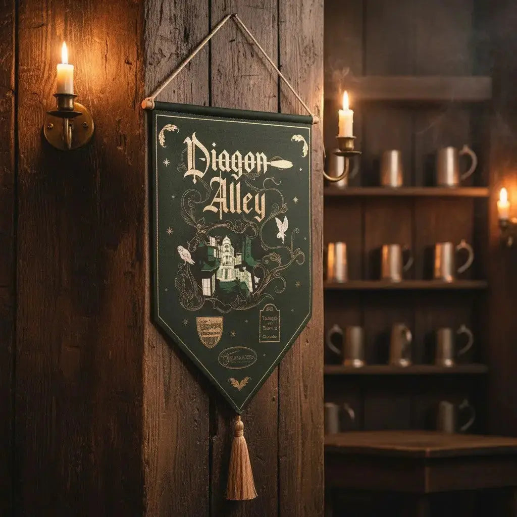 Bannière Chemin de Traverse Harry Potter La boutique Aux 2 Balais en tissu vert avec illustrations dorées et pompon