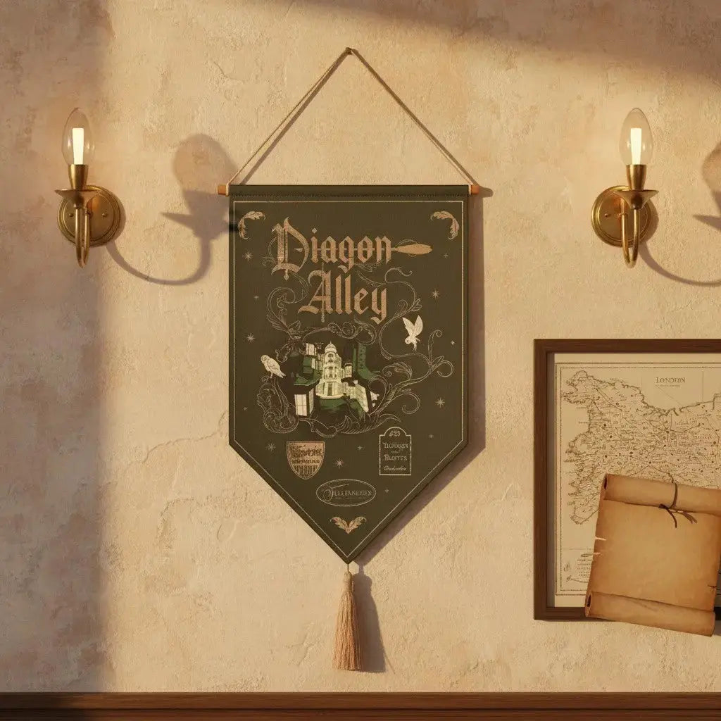 Bannière Chemin de Traverse Harry Potter La boutique Aux 2 Balais en tissu vert avec illustrations dorées et pompon