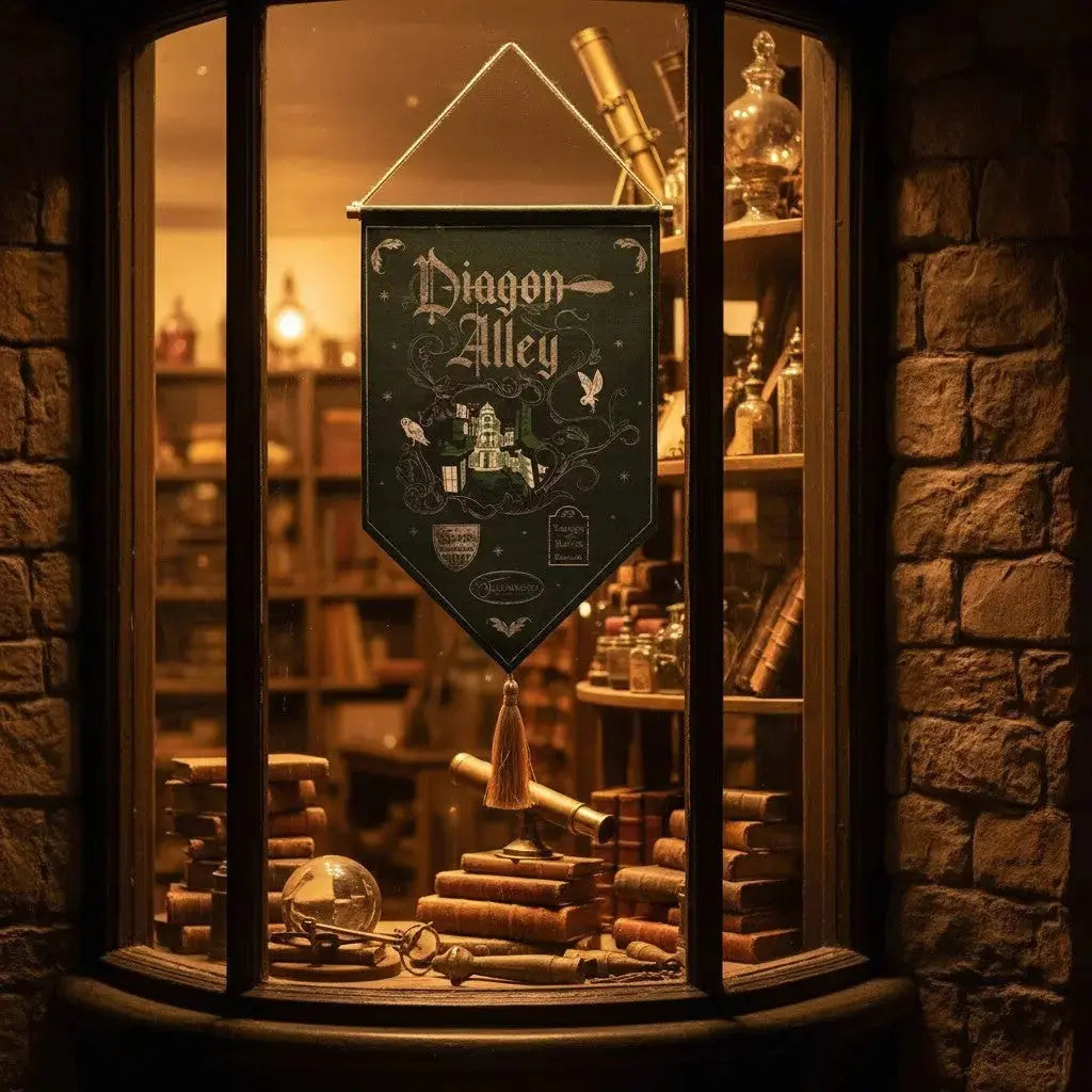 Bannière Chemin de Traverse Harry Potter La boutique Aux 2 Balais en tissu vert avec illustration magique et pompon