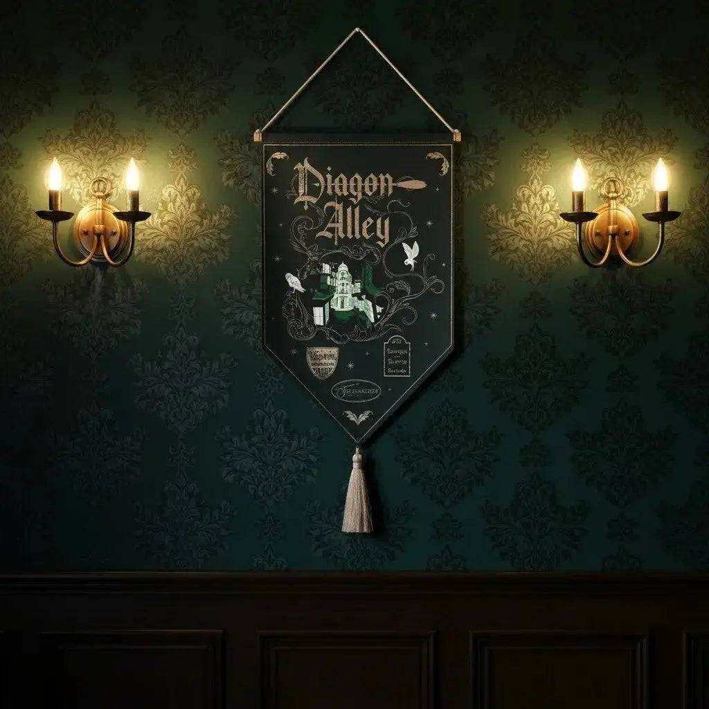 Bannière décorative Chemin de Traverse Harry Potter La boutique Aux 2 Balais avec illustration magique et pompon