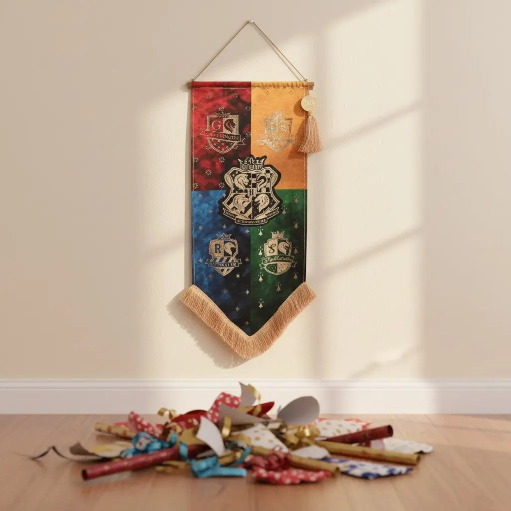 Bannière étendard Hogwarts La boutique Aux 2 Balais avec les blasons des quatre maisons de Poudlard et pompons dorés.