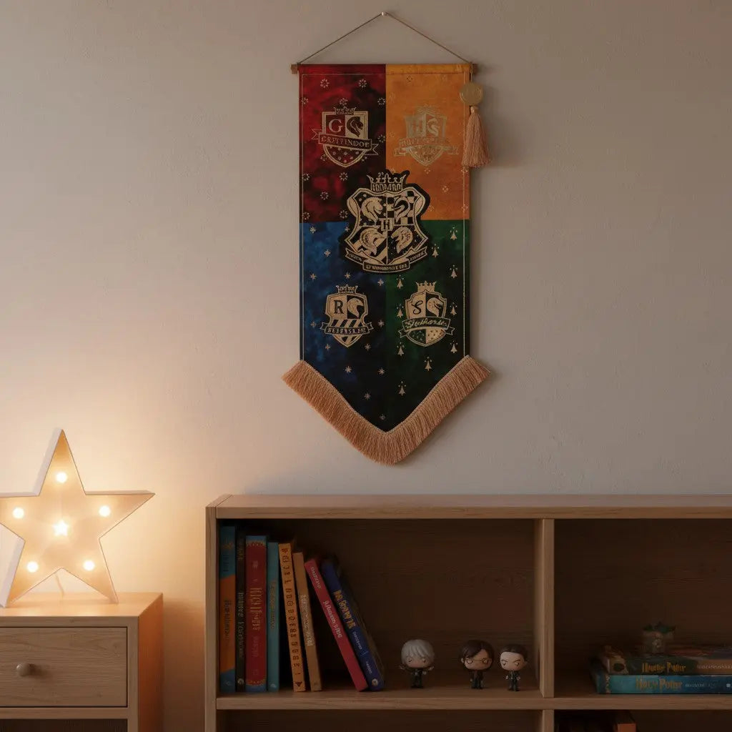 Bannière étendard Hogwarts La boutique Aux 2 Balais avec les blasons des quatre maisons de Poudlard et pompons dorés