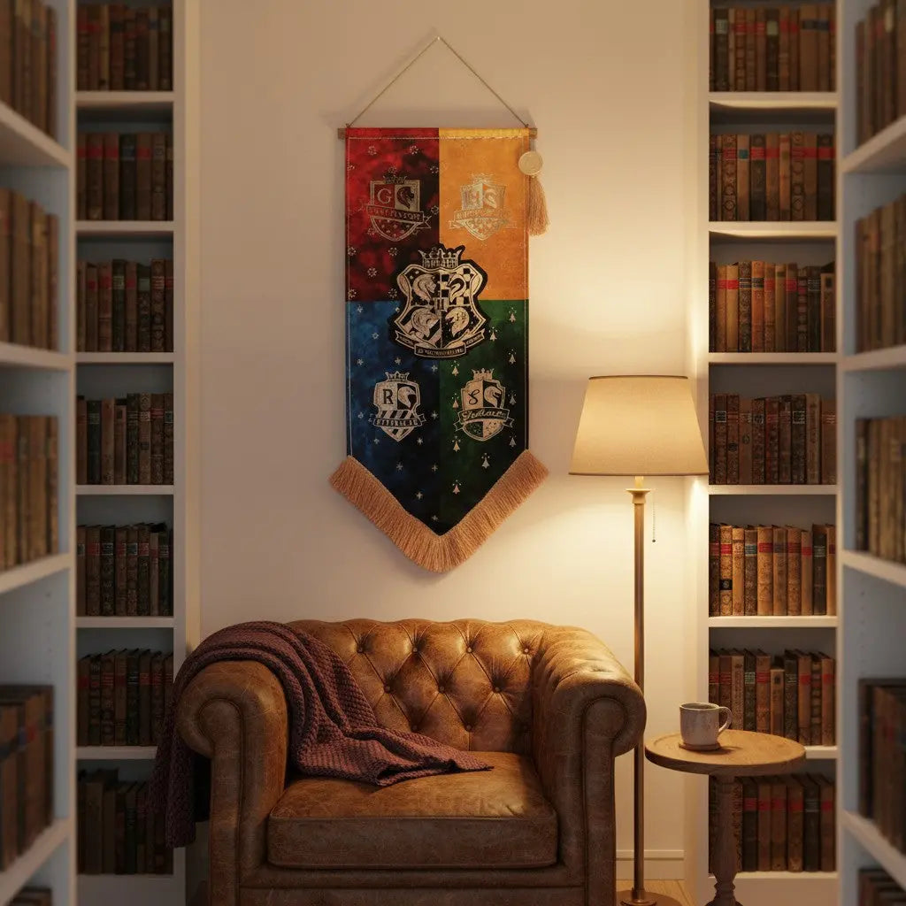 Bannière étendard Hogwarts La boutique Aux 2 Balais avec les blasons des quatre maisons suspendue au-dessus d'un fauteuil