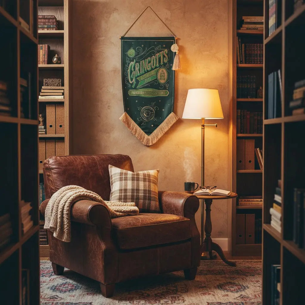 Bannière Gringotts La boutique Aux 2 Balais suspendue au-dessus d'un fauteuil en cuir dans un salon style Harry Potter