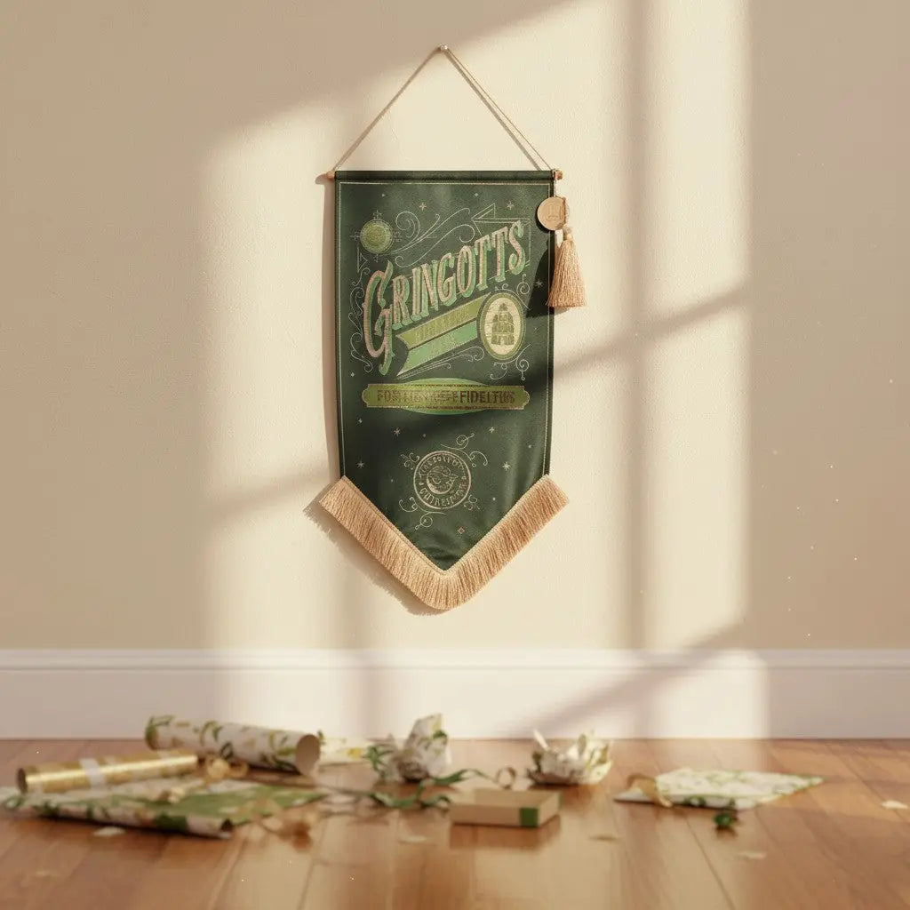 Bannière Gringotts La boutique Aux 2 Balais vert foncé avec inscription dorée et pompons décoratifs murale