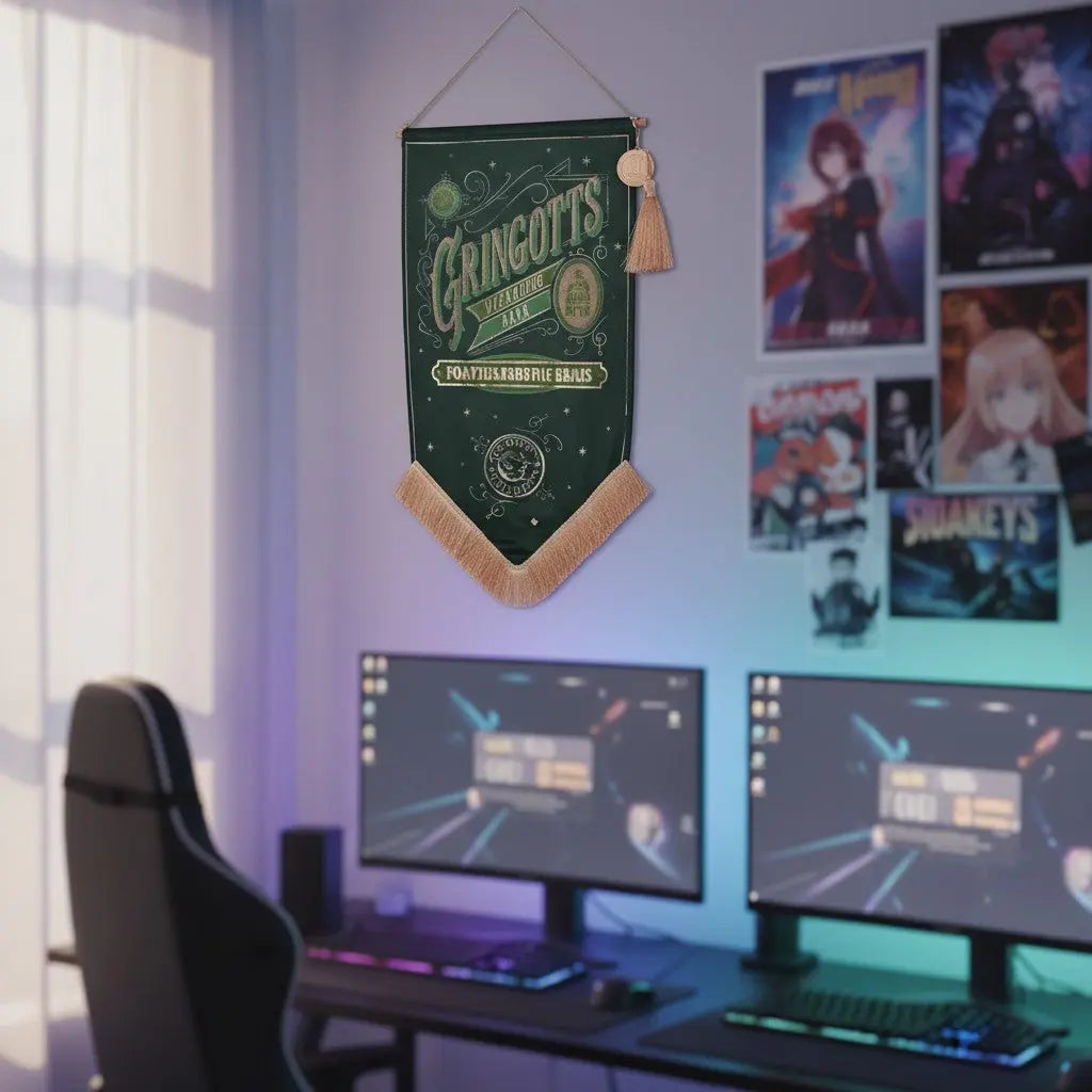 Bannière murale verte Gringotts Harry Potter sous licence officielle La boutique Aux 2 Balais avec pompon décoratif