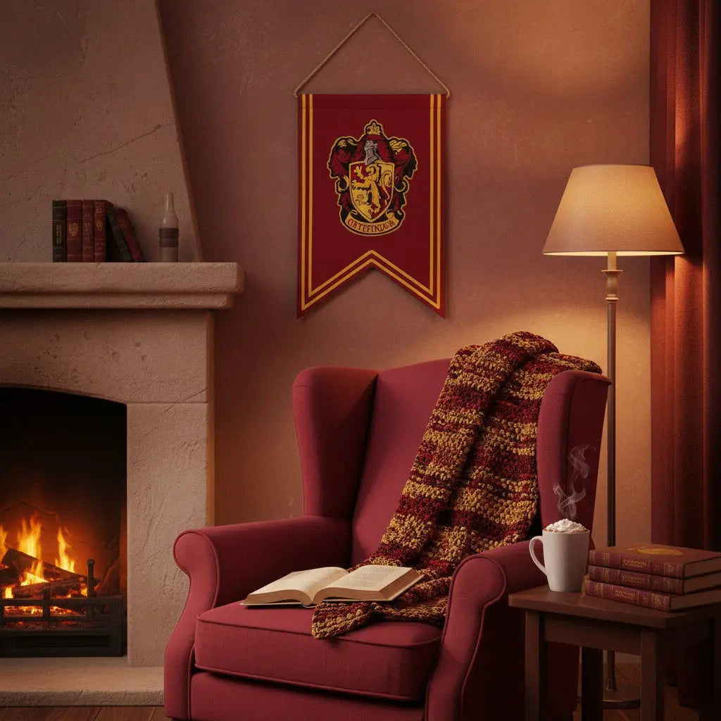 La boutique Aux 2 Balais - Bannière Gryffondor Harry Potter rouge et or, logo brodé, 30x44cm, 100% polyester.