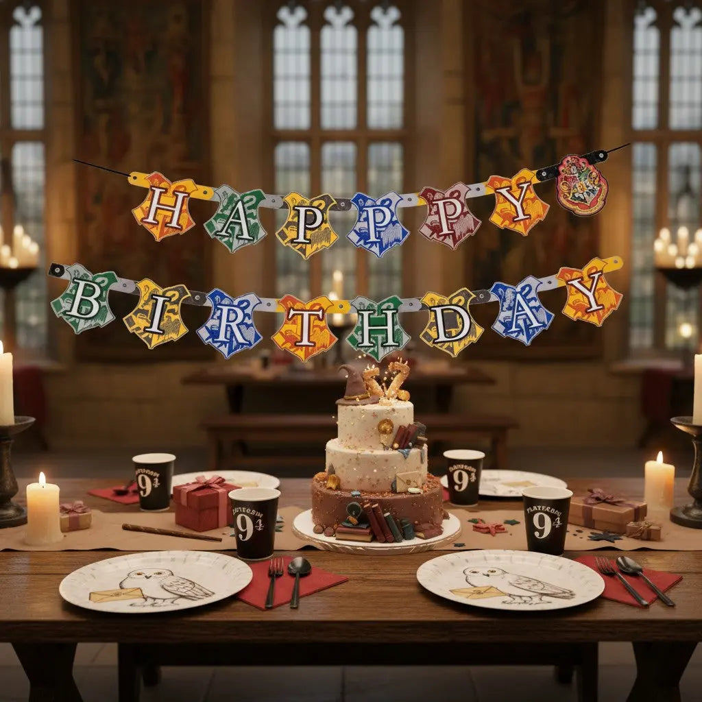 La boutique Aux 2 Balais Bannière Happy Birthday Harry Potter, blasons des maisons Poudlard, 182 cm, carton coloré.