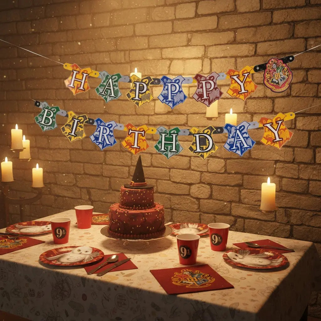 La boutique Aux 2 Balais Bannière Happy Birthday Harry Potter, blasons des maisons Poudlard, 182 cm, carton coloré.
