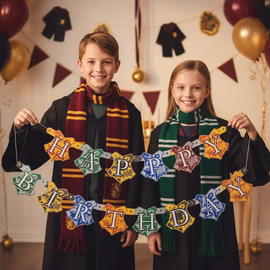La boutique Aux 2 Balais Bannière Happy Birthday Harry Potter, blasons des maisons Poudlard, 182 cm, carton coloré.