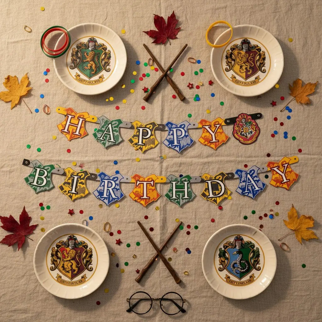 La boutique Aux 2 Balais - Bannière d'anniversaire Harry Potter, 182 cm, blasons des maisons de Poudlard, carton coloré