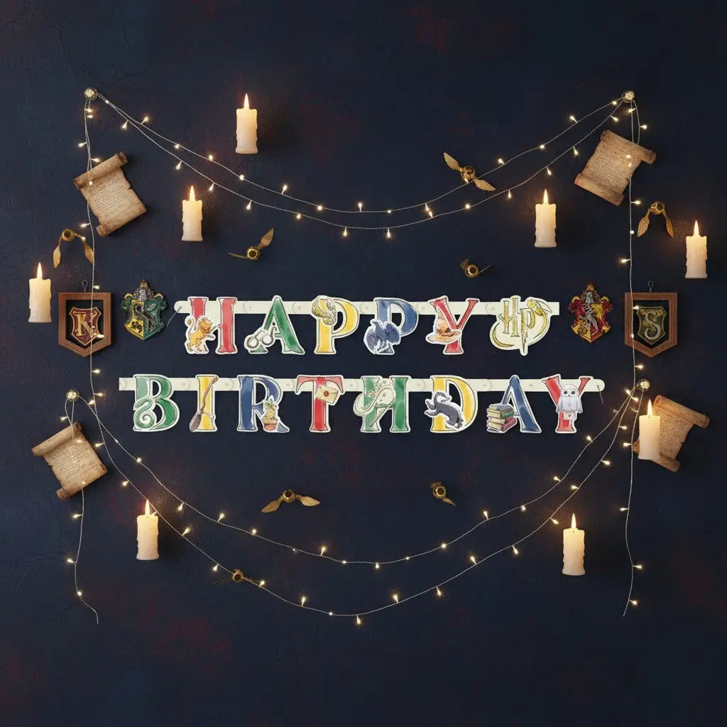 Bannière Happy Birthday en carton multicolore, thème Harry Potter, 182 cm, par La boutique Aux 2 Balais