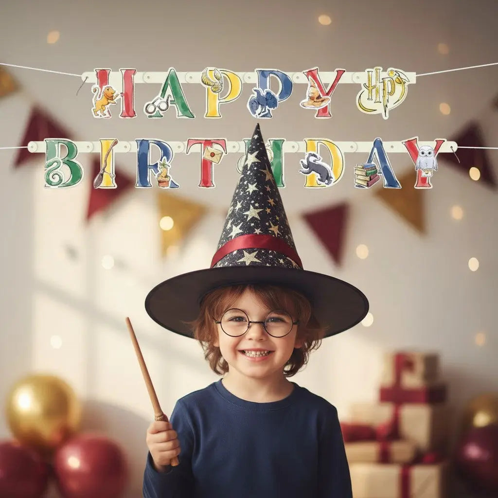 Bannière Happy Birthday en carton multicolore, thème Harry Potter, 182 cm, par La boutique Aux 2 Balais