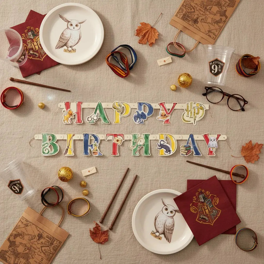Bannière Happy Birthday en carton multicolore, thème Harry Potter, 182 cm, par La boutique Aux 2 Balais.