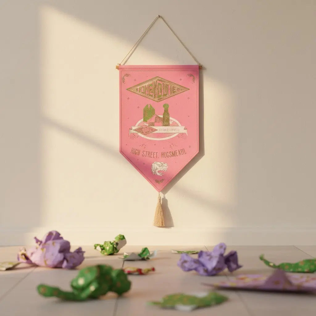 Bannière décorative rose Honeydukes La boutique Aux 2 Balais avec logo doré et pompon, style Harry Potter