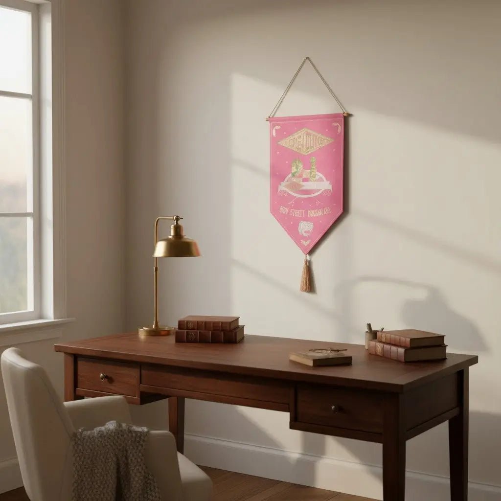 Bannière décorative rose Honeydukes La boutique Aux 2 Balais suspendue au-dessus d'un bureau en bois dans un salon.
