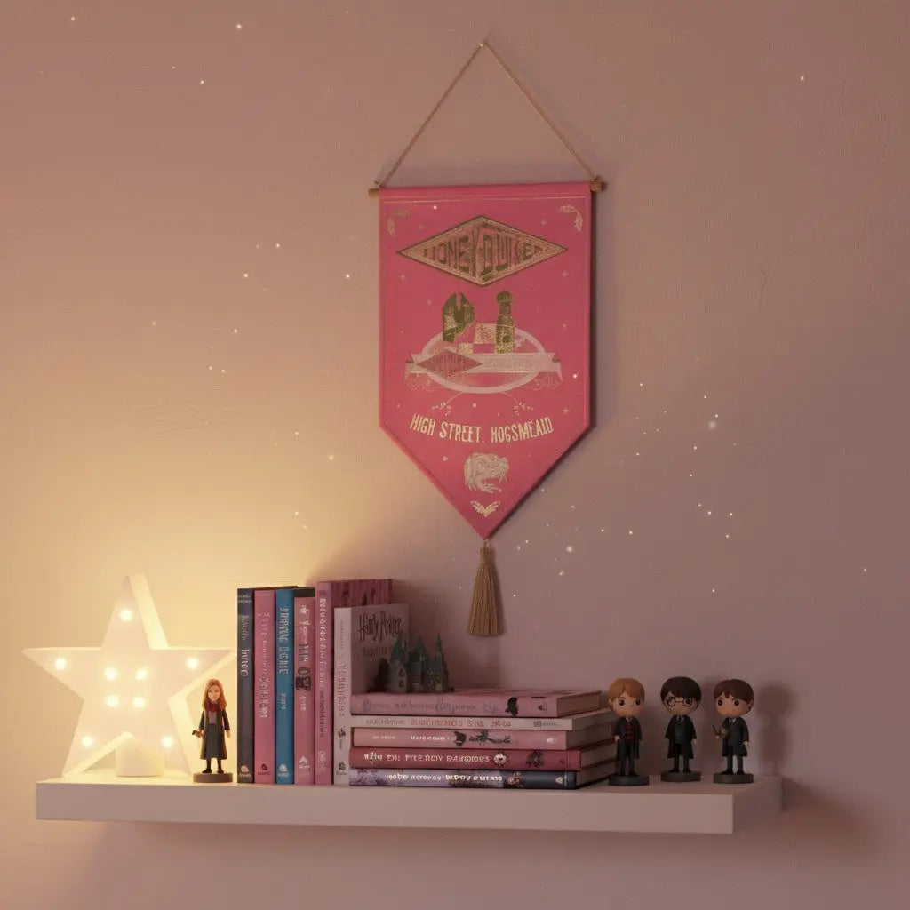 Bannière décorative rose Honeydukes La boutique Aux 2 Balais suspendue au-dessus d'une étagère Harry Potter
