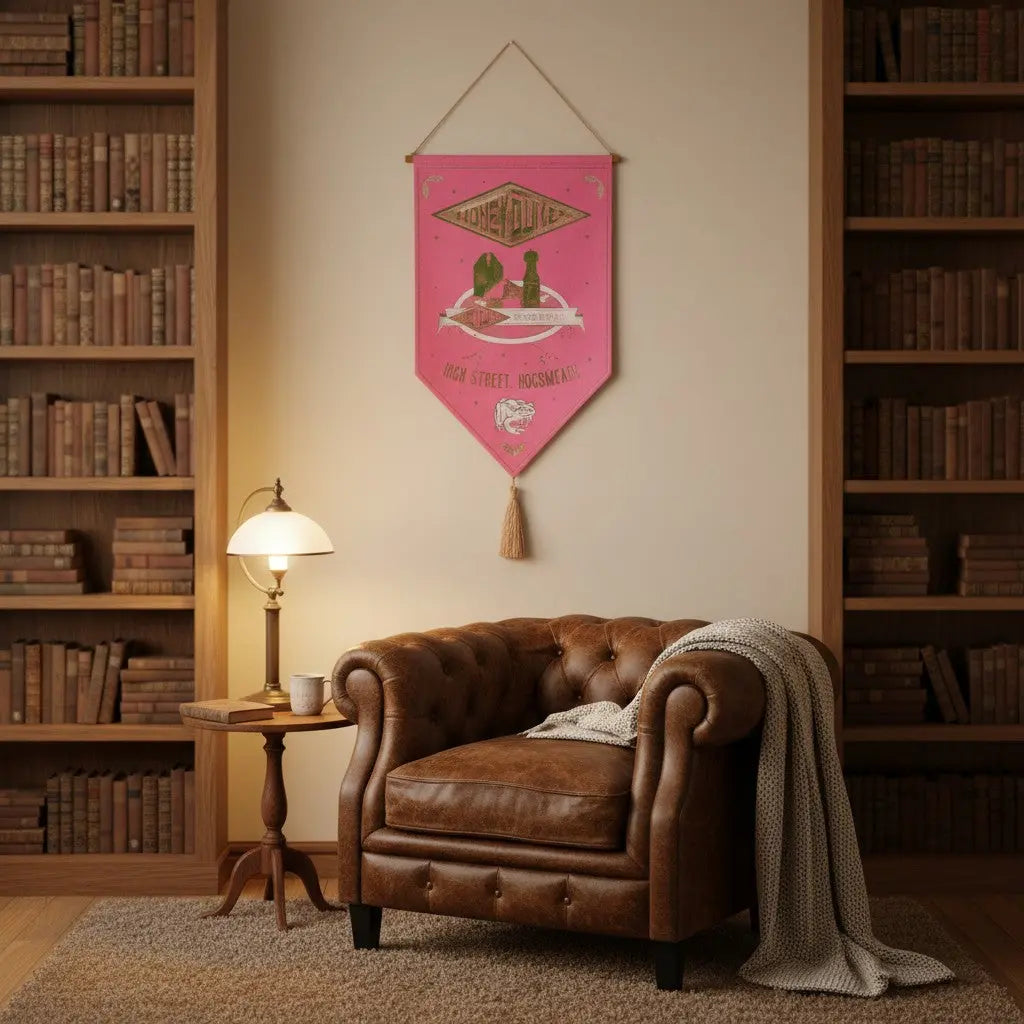 Bannière décorative rose Honeydukes La boutique Aux 2 Balais suspendue au-dessus d'un fauteuil en cuir dans une bibliothèque