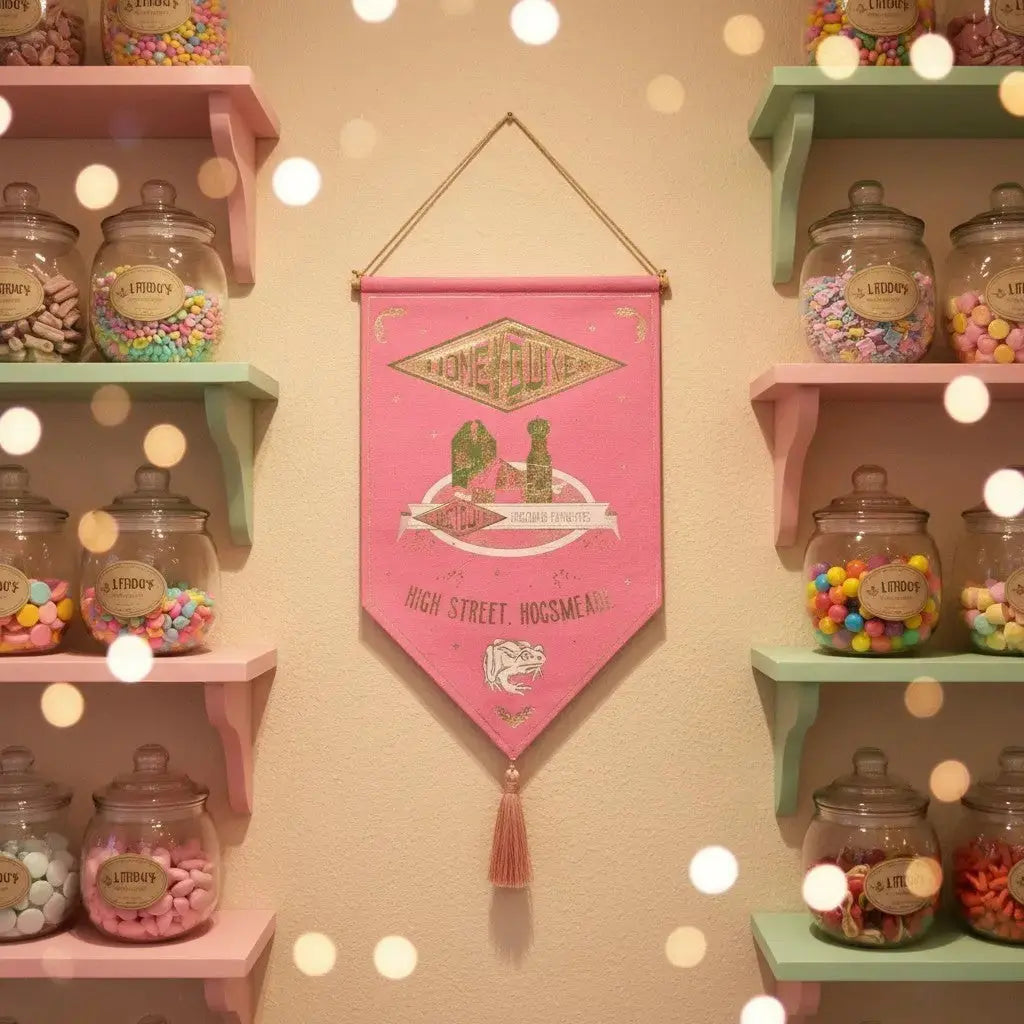 Bannière décorative rose Honeydukes La boutique Aux 2 Balais avec détails dorés, suspendue entre des étagères de bonbons