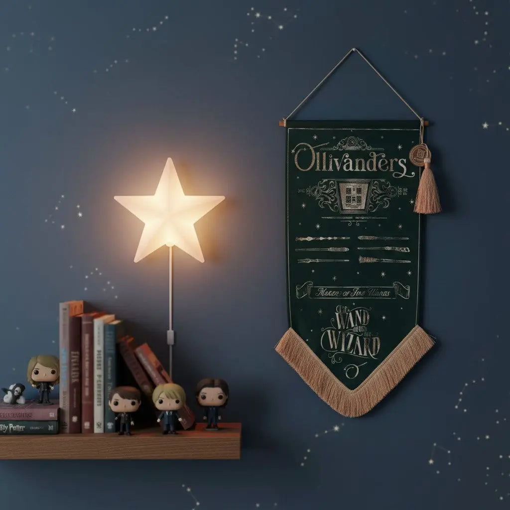 Bannière murale Ollivanders vert émeraude La boutique Aux 2 Balais avec détails dorés et pompons décoratifs