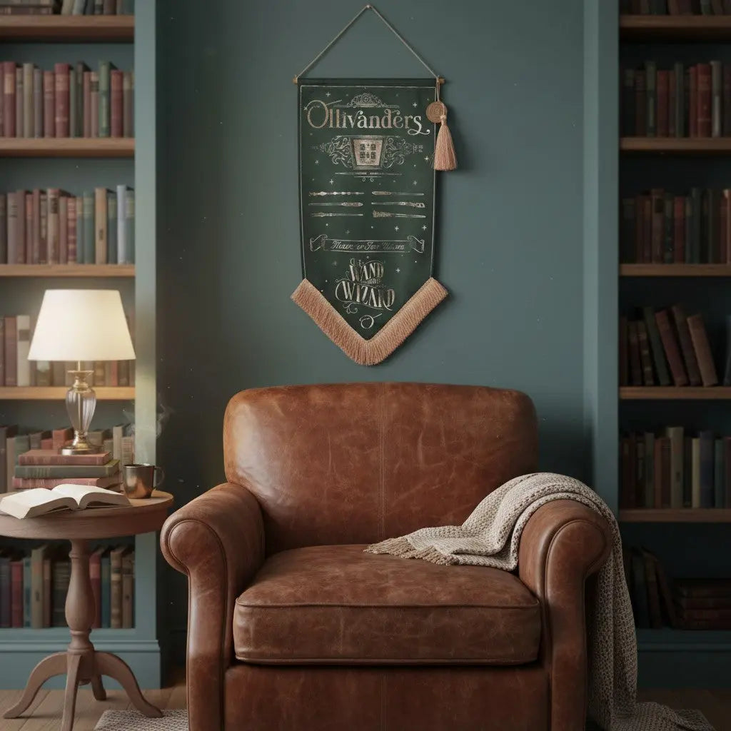 Bannière murale Ollivanders vert émeraude La boutique Aux 2 Balais, décoration Harry Potter avec pompons et baguettes