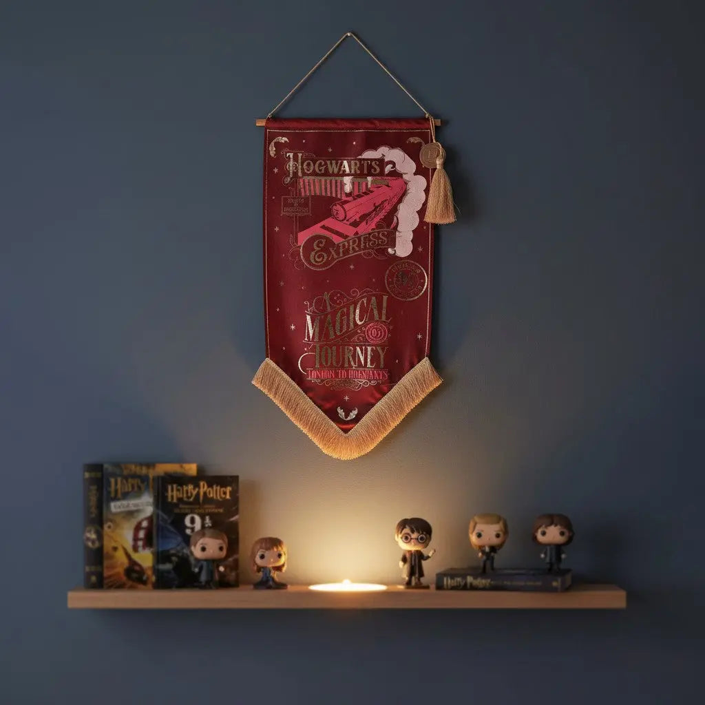 Bannière décorative rouge La boutique Aux 2 Balais Poudlard Express avec détails dorés et franges, style Harry Potter