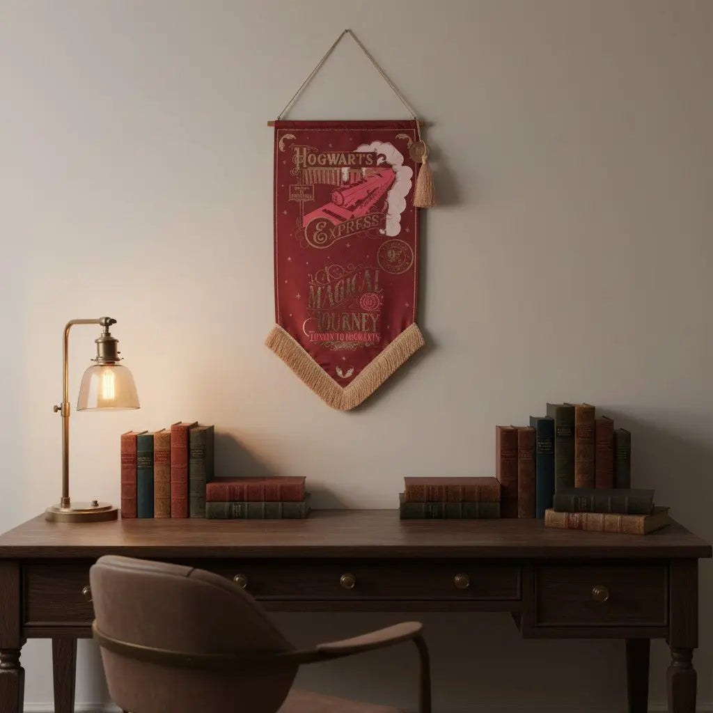 Bannière murale rouge La boutique Aux 2 Balais Poudlard Express avec détails dorés et pompon, style vintage.