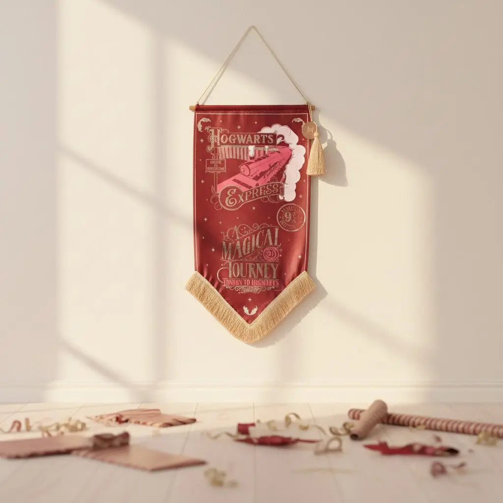 Bannière décorative rouge La boutique Aux 2 Balais Poudlard Express avec détails dorés et pompon suspendue au mur