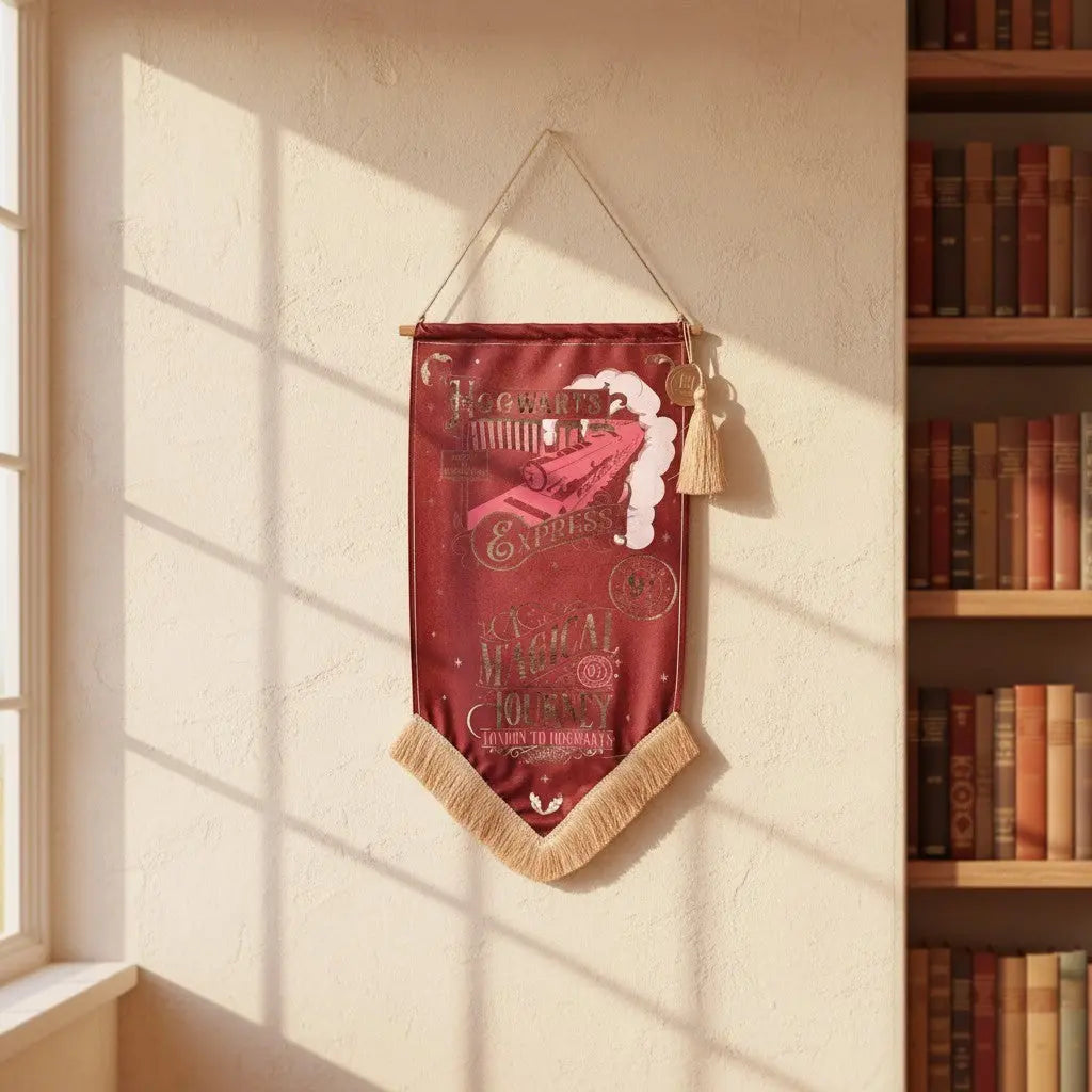 Bannière murale rouge La boutique Aux 2 Balais Harry Potter avec illustration du train Poudlard Express et pompons