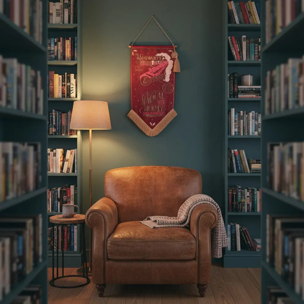 Bannière murale rouge Poudlard Express La boutique Aux 2 Balais suspendue au-dessus d'un fauteuil en cuir dans une bibliothèque