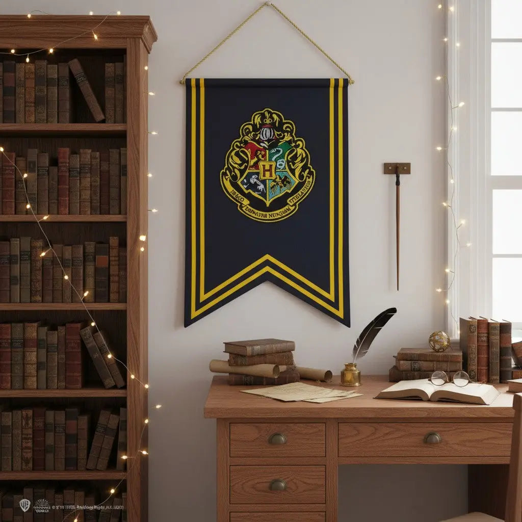 La bannière Poudlard Harry Potter 30x44cm en polyester avec logo brodé, idéale pour décoration murale ou anniversaire.